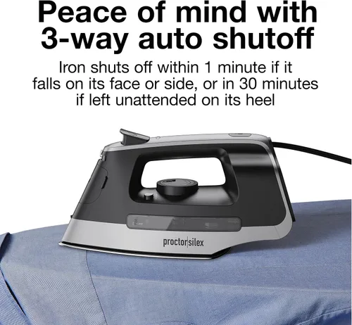 Vista 3 de Proctor Silex Plancha de vapor para ropa con suela de acero inoxidable duradera, 1500 vatios, cable retráctil de 8 pies, apagado automático de 3