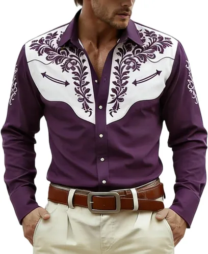 Vista 8 de Camisas occidentales para hombre, manga larga, con solapa bordada, color negro, vestido de festival para hombres, ropa vaquera, ropa floral