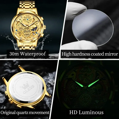 Vista 5 de OLEVS Reloj de pulsera para hombre, esqueleto de acero inoxidable, cronógrafo de cuarzo de lujo, impermeable, relojes luminosos para hombre