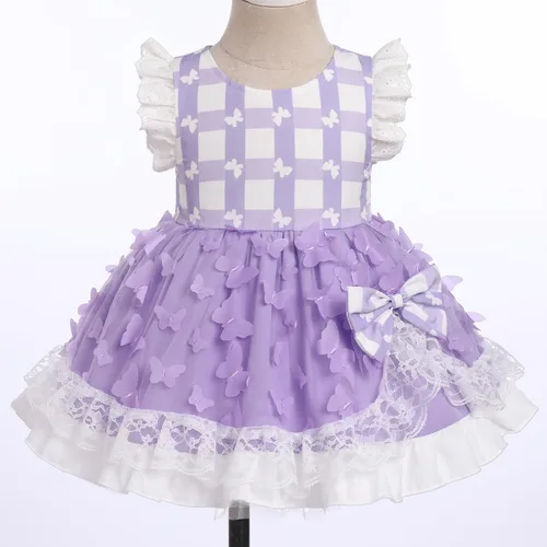 Vista 3 de Vestido tutú de verano para niña, sin mangas, a cuadros, vestido de fiesta de cumpleaños, vestido de fiesta con lazo de flores y diadema