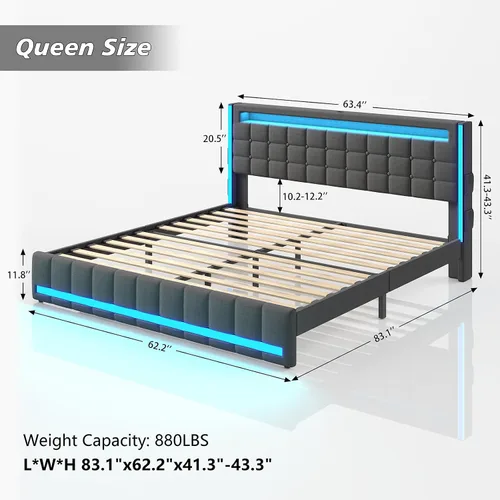 Vista 2 de CSZZD Base de cama Queen con cabecero ajustable y luces LED, base de cama de plataforma tapizada tamaño Queen con estación de carga tipo C y USB