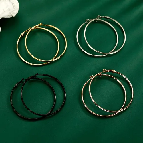 Vista 5 de Juego de 4 pares de aretes de aro grandes para mujeres y niñas, de acero inoxidable 316L, hipoalergénicos, chapados en plata, chapados en oro de 14