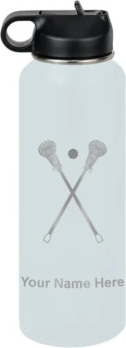 Vista 15 de LaserGram Botella de agua personalizada, palitos de lacrosse, acero inoxidable de doble pared aislada al vacío con popote superior, regalo grabado