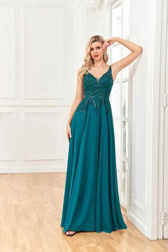 Vista 5 de Ymuxin Vestido de novia para mujer, cuello en V, tirantes delgados, apliques de encaje, vestidos de dama de honor, vestidos formales de noche