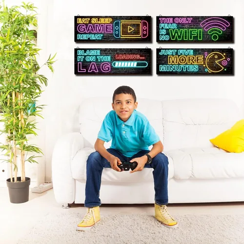 Vista 4 de clothmile 4 piezas de decoración de juegos de neón para la habitación de los niños, arte de pared de videojuegos de madera, cita motivacional