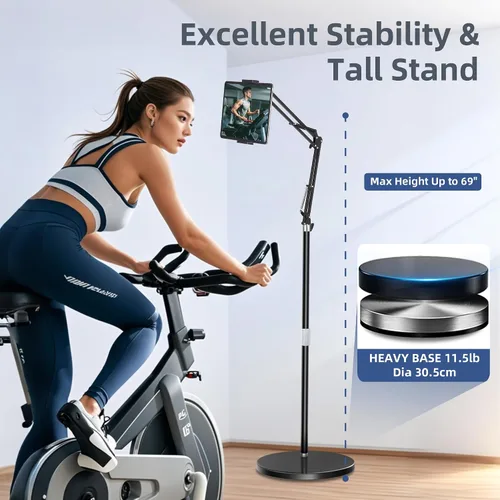Vista 2 de Soporte de piso para tablet con base estable de 12 libras, soporte para teléfono iPad con brazo elástico de altura ajustable para iPad Pro Air Mini
