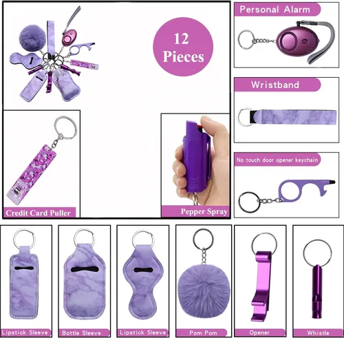 Vista 4 de Juego de llaveros para mujeres y niñas, 11 unidades, bonitos llaveros para mujeres, incluyendo pompones, extractor de tarjetas de crédito