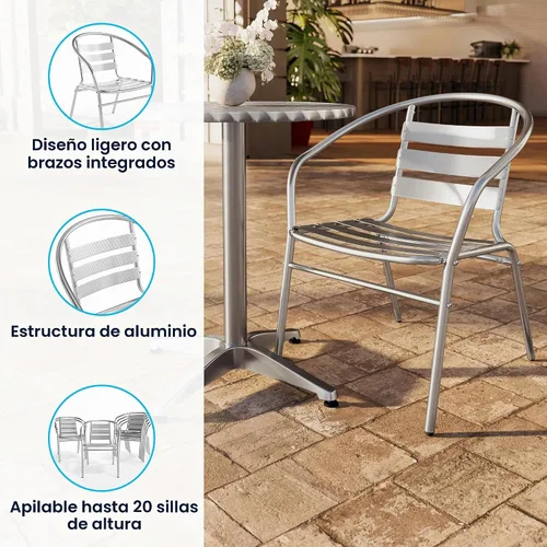 Vista 4 de EMMA + OLIVER Silla apilable de aluminio para interiores y exteriores con respaldo y brazos de triple listón