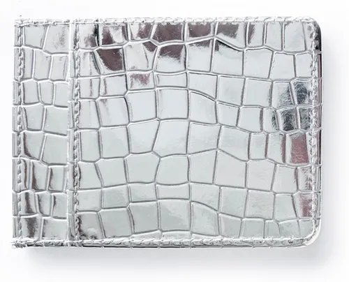 Vista 2 de Brillante delgado minimalista tarjeta de crédito titular de la cartera espejo metálico Crock patrón, plateado, Diseño minimalista super brillante