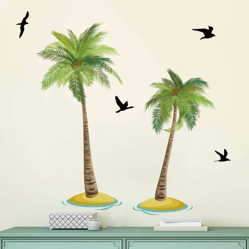 Vista 2 de Runtoo Calcomanías de pared de palmera, calcomanías tropicales para dormitorio, sala de estar, decoración del hogar