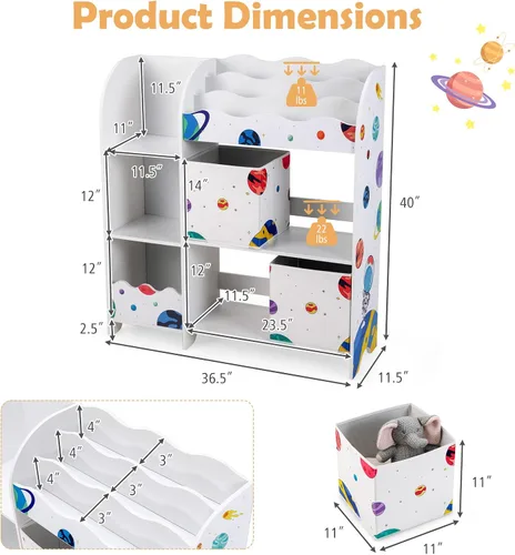 Vista 3 de Costzon Organizador de juguetes y libros para niños, estantería de almacenamiento de madera con 5 estantes abiertos, 2 cajas de almacenamiento y 3