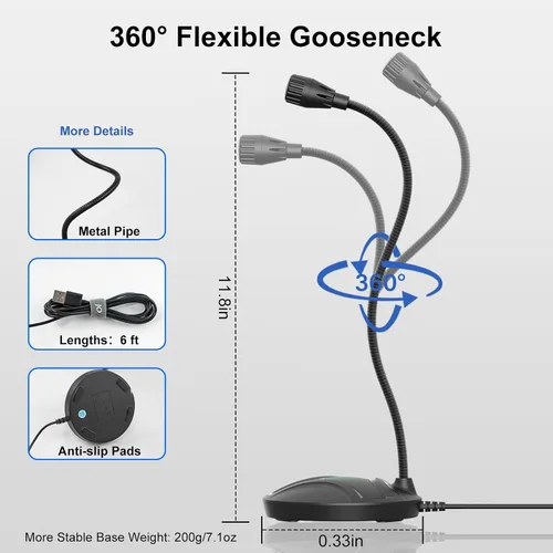 Vista 6 de Micrófono USB para computadora Plug & Play, cuello de cisne flexible y botón de silencio LED, micrófono de escritorio para juegos, YouTube