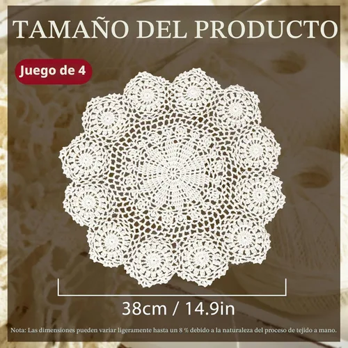 Vista 3 de kilofly Juego de 4 manteles individuales redondos de encaje de algodón hechos a mano con ganchillo, loto, beige