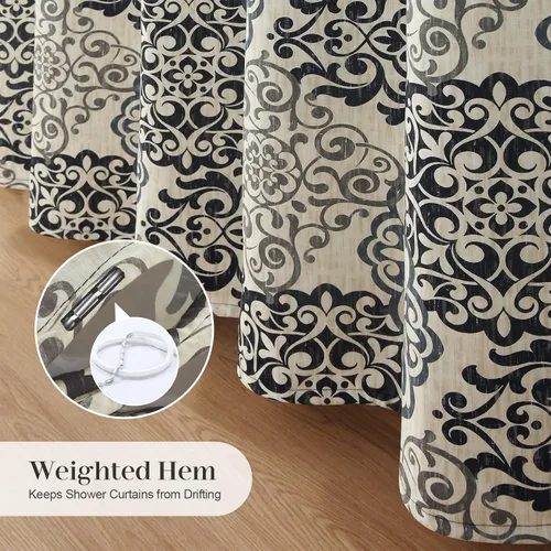 Vista 6 de Cortina de ducha de tela negra y beige, cortina de ducha con estampado de medallón vintage, cortina de baño decorativa impermeable, 72 pulgadas