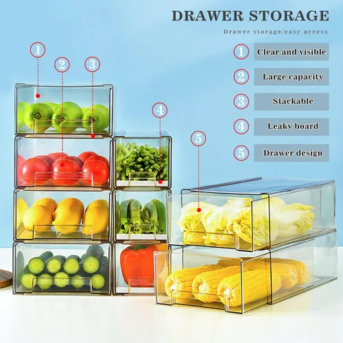 Vista 2 de Paquete de 2 cajones apilables para refrigerador, contenedores extraíbles transparentes, organizador de cajón para refrigerador, contenedores