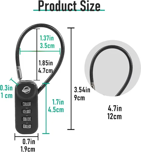 Vista 2 de Candado de combinación de 4 dígitos con cable de 4.7 pulgadas (4.7 in) adecuado para casilleros de gimnasio escolar, botes de basura, equipaje
