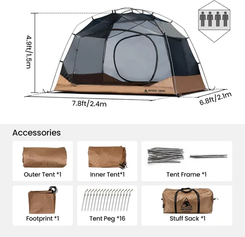 Vista 3 de OneTigris JOVIAN - Tienda de campaña para 4 personas, 3 estaciones, familiar, fácil de armar, para senderismo al aire libre con toldo exterior