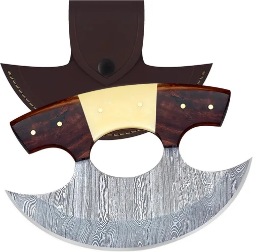 Vista 10 de Damascus Steel Alaskan Ulu con funda, cortador de pizza perfecto de 5.8 pulgadas, picador Mezzaluna para cocina, auténtico diseño esquimal inuit