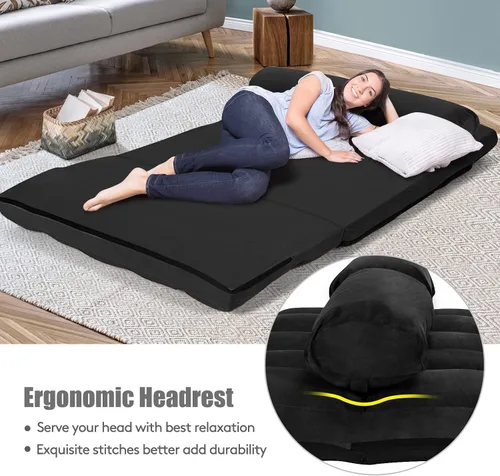 Vista 7 de KOMFOTT Sofá cama ajustable de suelo, sofá cama plegable con respaldo de 6 posiciones y 2 almohadas, futón convertible con funda de tela de gamuza