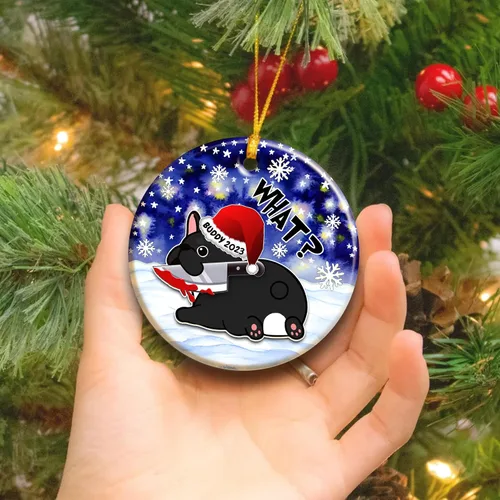 Vista 4 de Adorno de Navidad personalizado de bulldog francés – Lindo perro de bulldog francés negro colgante de árbol de cerámica – Nombre del perro