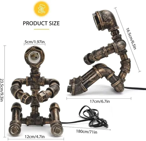 Vista 6 de Lámpara de mesa Steampunk, lámpara de mesa de robot industrial vintage, lámpara de mesa de tubería de agua, luz de escritorio estilo robot