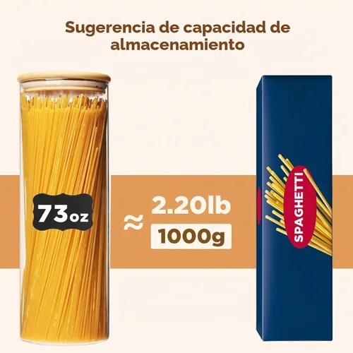 Vista 4 de SHOWIN Tarros de almacenamiento de pasta de vidrio de 73 onzas, tarros altos de vidrio con tapas de bambú, contenedor de espagueti, juego de 3