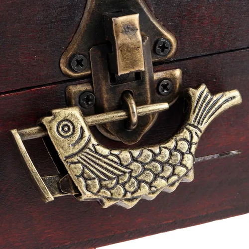 Vista 5 de Candado retro en forma de pez con forma de pez de bronce, cerradura vintage con patrón de pescado con llave para joyero, maleta de madera, cajones