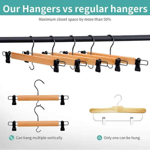 Vista 3 de Perchas de madera prémium para pantalones, paquete de 10 perchas para faldas con dos clips de agarre seguro, gancho giratorio con cancelación