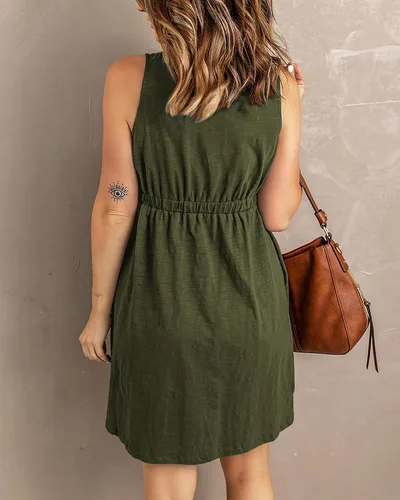 Vista 4 de BTFBM - Vestido de verano sin mangas y con cintura alta para mujer, vestido de playa con tela de punto acanalado, cuello redondo, botones