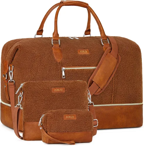 Vista 22 de Bolsa de fin de semana para mujer, bolsa de viaje de nailon, con compartimento para zapatos, tamaño grande 1-beige