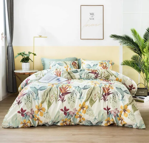 Vista 14 de SUSYBAO Funda de Edredón de Plantas Coloridas Queen 100% Algodón Egipcio Juego con Patrón Acuático 3 Piezas 1 Funda de Edredón Botánica de Hojas