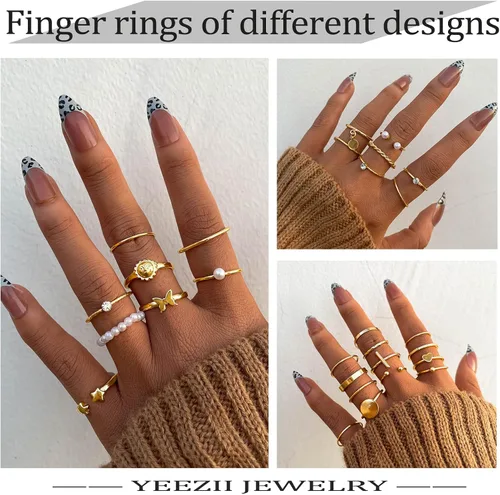 Vista 3 de Juego de 68 anillos para nudillos dorados para mujeres y niñas apilables bohemios para articulación media de cristal tallado plateados con orificios