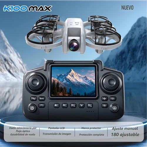 Vista 3 de Mini dron K100 con controlador de pantalla con tarjeta SD, dos baterías, posicionamiento de flujo óptico, protección completa para hélices de vuelo