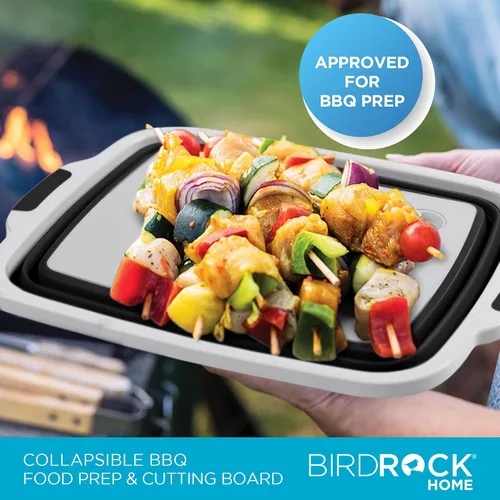 Vista 4 de BIRDROCK HOME Tina plegable grande de preparación para barbacoa con tabla de cortar, organizador de parrilla multifunción con colador y tapa, cuenco