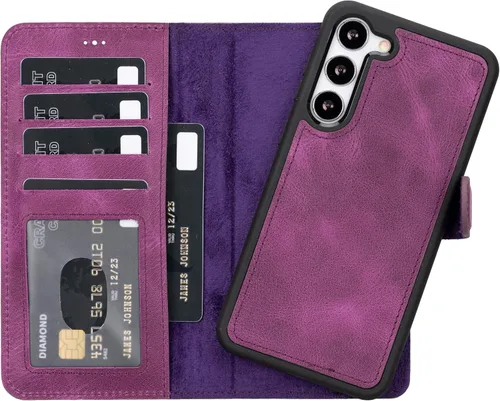 Vista 45 de HARDISTON Funda tipo cartera compatible con Samsung Galaxy S21, hecha a mano, de piel auténtica, cubierta magnética desmontable tipo flip con Negro