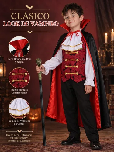Vista 2 de Disfraz de vampiro para niños, con capa de vampiro y cetro, disfraz gótico de vampiro real para niños, Halloween