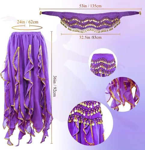 Vista 2 de Haysandy Conjunto de 8 piezas de danza del vientre para mujer, falda de danza del vientre, bufanda de cadera, 2 pulseras, aretes, pulsera de tobillo