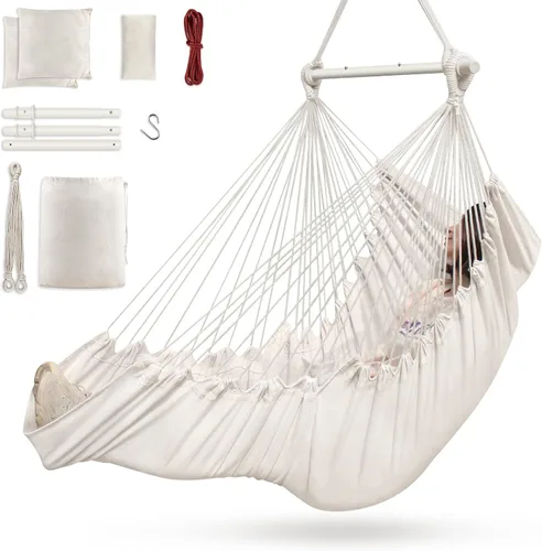 Vista 9 de Outerman Silla tipo hamaca, silla colgante con 3 cojines y soporte para los pies, barra separadora de metal resistente con un máximo de 500 libras