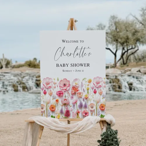 Vista 25 de Letrero de bienvenida personalizado de flores silvestres para baby shower, letrero floral bohemio para baby shower, letrero con nombre personalizado