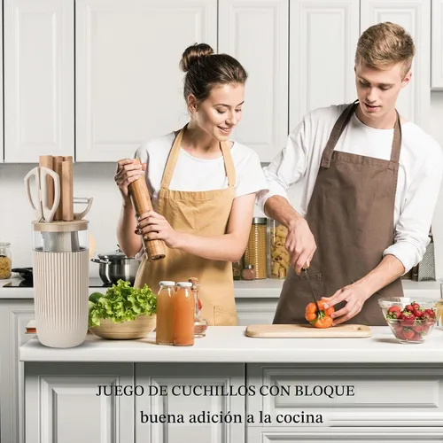 Vista 7 de Juego de cuchillos de cocina profesional de 7 piezas con bloque universal de cuchillos, juego de bloques de cuchillos súper afilados con mango Beige