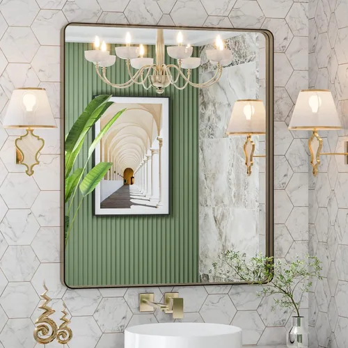 Vista 108 de LOAAO 20x16 Pulgadas Espejo de Baño con Marco de Metal Negro para Pared, Espejo de Tocador de Baño de Estilo Granja, Espejo Grande Rectangular