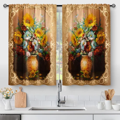 Vista 17 de Aimego Cortinas de Cocina de Eucalipto Primaveral - Hojas de Plantas de Acuarela Floral Azul con Cortinas de Nivel Botánico Floral para Cafetería