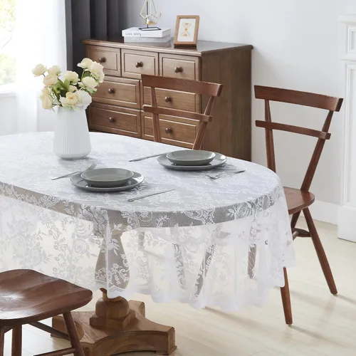 Vista 9 de LinenZone Hermoso mantel redondo de encaje con elegante borde festoneado para cualquier evento especial como bodas, fiestas de cumpleaños, baby