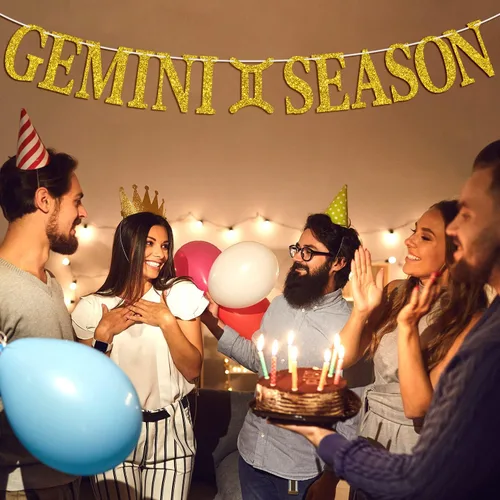 Vista 5 de Cartel de la temporada de Géminis con purpurina dorada, letrero de feliz cumpleaños, energía de géminis grande, 12 constelaciones del zodiaco tema