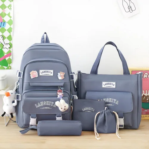 Vista 2 de Linda mochila con accesorios kawaii, juego de 5 bolsas estéticas impermeables, Azul, Casual