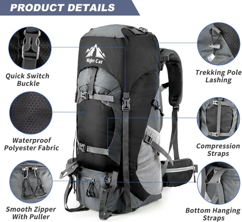 Vista 6 de Night Cat Mochilas de Senderismo 70L Mochilas de Camping para Hombres y Mujeres Ligeras al Aire Libre para Montañismo y Viajes, Sin Marco Interno