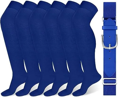 Vista 7 de Hicarer Juego de 3 pares de calcetines de fútbol por encima de la rodilla, calcetines de béisbol extralargos, calcetines de sóftbol con cinturón