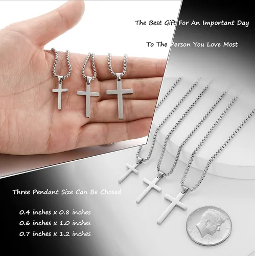 Vista 3 de Stainless Steel Cross Necklace for Men Silver Cross Necklace for boy Small Cross Pendant Necklace Simple Jewelry Cross Chain for Mens