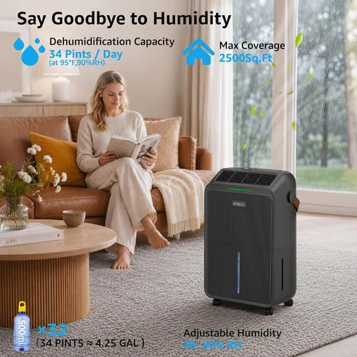Vista 2 de KNKA 2500 Ft² Max 34 Pints Dehumidifier for Basement with Drain Hose, Black