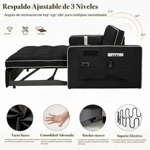 Vista 5 de Sofá cama extraíble, sofá cama de 55.5 pulgadas, con bolsillo lateral, respaldo ajustable y almohada de cintura, adecuado para espacios pequeños